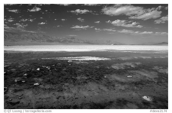 Clouds and pond, Badwater. Death Valley National Park (black and white)