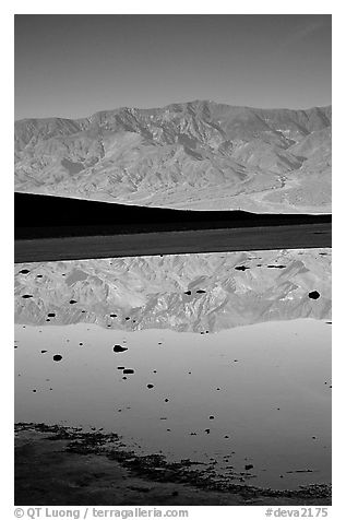 Panamint range reflected in pond at Badwater, early morning. Death Valley National Park (black and white)