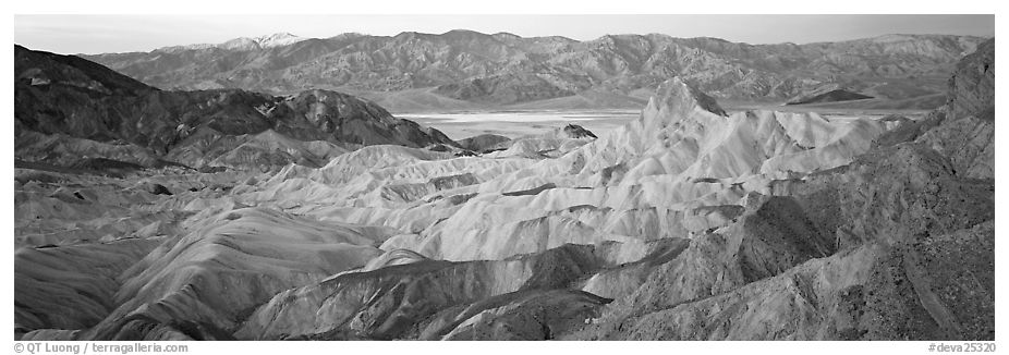 Colorful badlands from Zabriskie Point. Death Valley National Park (black and white)