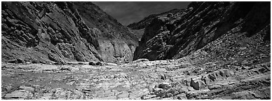 Dry desert wash, Mosaic Canyon. Death Valley National Park (Panoramic black and white)