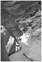 Hikers in slot, Mosaic canyon. Death Valley National Park, California, USA. (black and white)