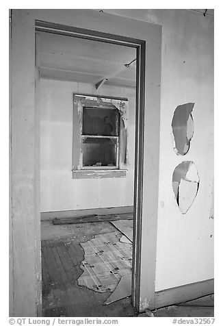 Room inside the cabin of Pete Aguereberry's mining camp. Death Valley National Park (black and white)