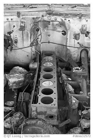 Engine of rusted car near Aguereberry camp. Death Valley National Park, California, USA.