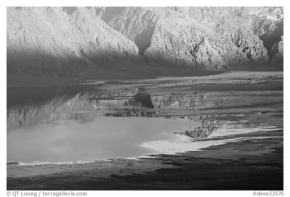 Reflections in Manly Lake at Badwater, seen from Aguereberry point, late afternoon. Death Valley National Park (black and white)