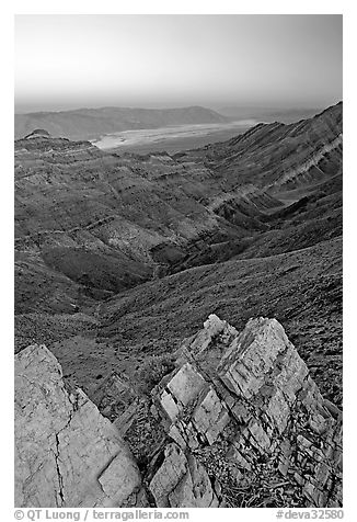 Rocks, canyon and Death Valley from Aguereberry point, sunset. Death Valley National Park (black and white)