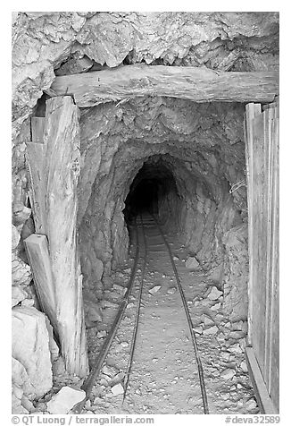 Black and White Picture/Photo: Entrance to a abandoned gallery of Cashier  mine, morning. Death Valley National Park