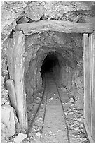 Entrance to a abandoned gallery of Cashier mine, morning. Death Valley National Park, California, USA. (black and white)