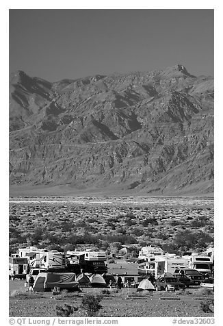 Camp and RVs at Stovepipe Wells, with Armagosa Mountains in the background. Death Valley National Park (black and white)