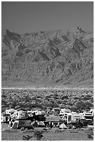 Camp and RVs at Stovepipe Wells, with Armagosa Mountains in the background. Death Valley National Park ( black and white)