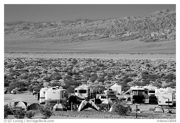 Campground and RVs at Furnace creek. Death Valley National Park (black and white)