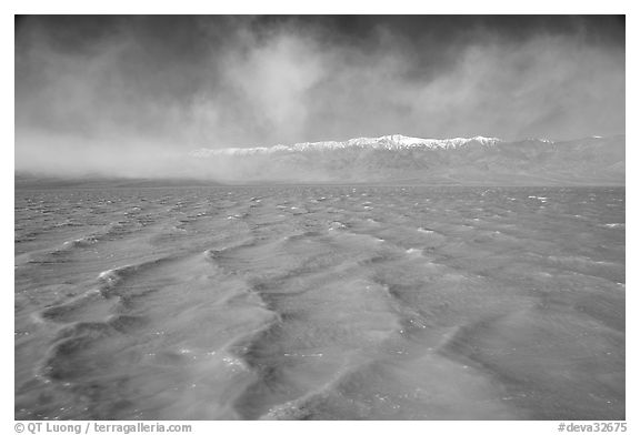 Rarisime waves on Manly Lake on a windy day, early morning. Death Valley National Park (black and white)