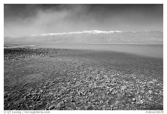 Salt formations on the shore of Manly Lake, morning. Death Valley National Park, California, USA.