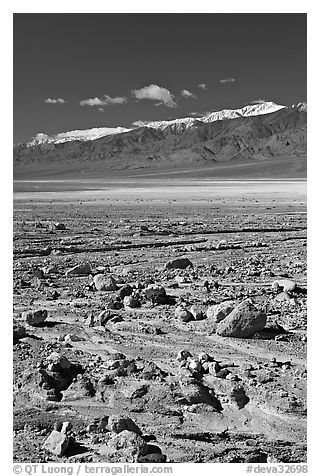 Rock field, salt flats, and Panamint Range, morning. Death Valley National Park (black and white)