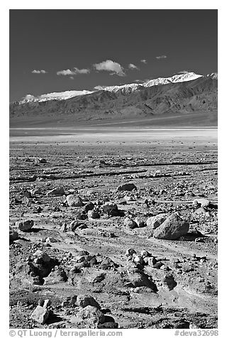 Rock field, salt flats, and Panamint Range, morning. Death Valley National Park, California, USA.