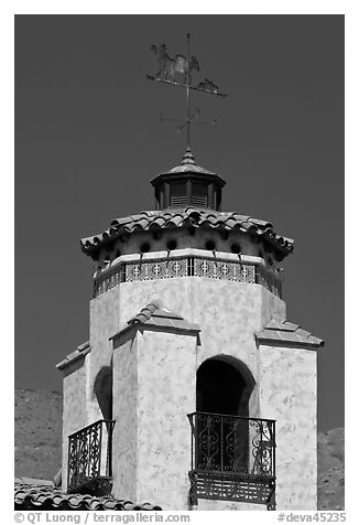 Tower and weathervane, Scotty's Castle. Death Valley National Park (black and white)