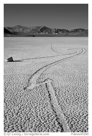 Zig-zagging track and sailing stone, the Racetrack playa. Death Valley National Park, California, USA.