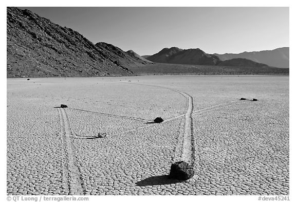 Moving rocks and non-linear tracks, the Racetrack. Death Valley National Park (black and white)