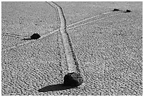 Intersecting travel grooves of sliding stones, the Racetrack. Death Valley National Park, California, USA. (black and white)