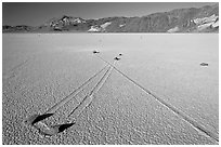 Sailing stones, the Racetrack playa. Death Valley National Park ( black and white)