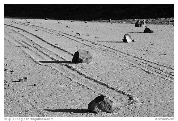 Gliding rocks and trails the Racetrack playa. Death Valley National Park, California, USA.