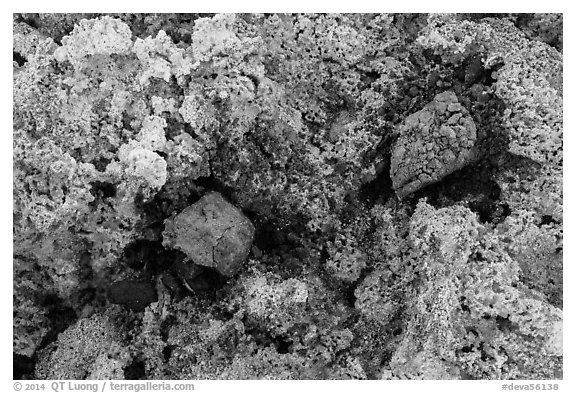 Close-up of salt crystals and red rocks. Death Valley National Park (black and white)