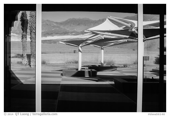 Amargosa Range, Furnace Creek Visitor Center window reflexion. Death Valley National Park (black and white)