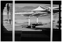 Amargosa Range, Furnace Creek Visitor Center window reflexion. Death Valley National Park ( black and white)