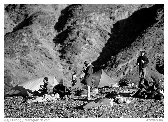 Group at backcountry camp. Death Valley National Park (black and white)