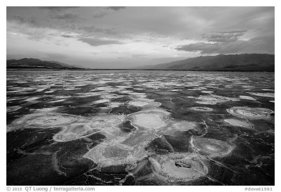 Mud and salt patterns at dusk, Cottonball Basin. Death Valley National Park (black and white)