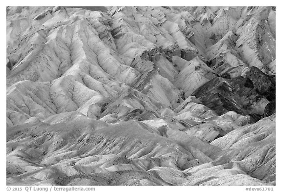 Pastel-colored badlands, Twenty Mule Team Canyon. Death Valley National Park (black and white)