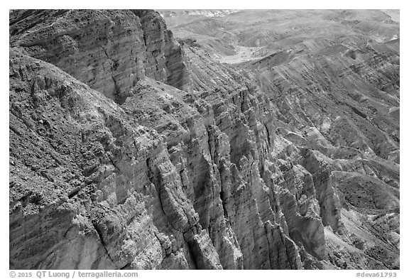 Close view of rock face of Red Cathedral. Death Valley National Park (black and white)