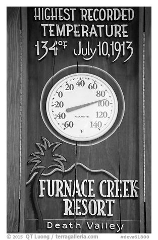 Thermometer and highest recorded temperature. Death Valley National Park (black and white)