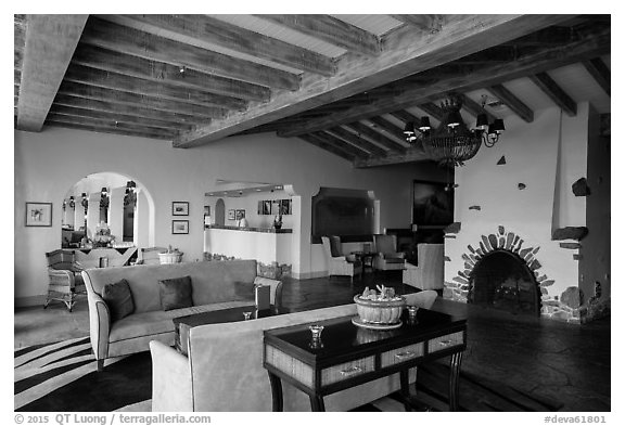 Furnace Creek Inn lobby. Death Valley National Park (black and white)