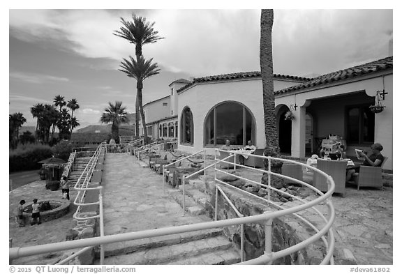 Furnance Creek Inn terrace. Death Valley National Park (black and white)