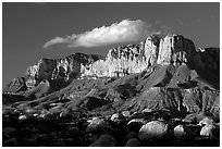 Boulders, El Capitan, and Guadalupe Range, sunset. Guadalupe Mountains National Park ( black and white)