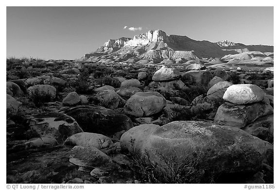 Boulders and El Capitan from the South, sunset. Guadalupe Mountains National Park (black and white)