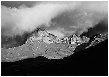 El Capitan and low clouds at sunrise. Guadalupe Mountains National Park, Texas, USA. (black and white)
