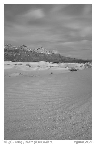 Gypsum sand dunes and Guadalupe range at sunset. Guadalupe Mountains National Park (black and white)