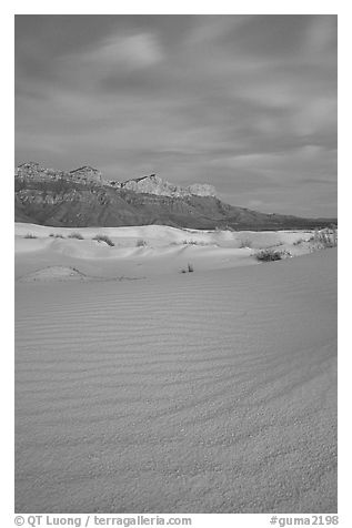 Gypsum sand dunes and Guadalupe range at sunset. Guadalupe Mountains National Park, Texas, USA.