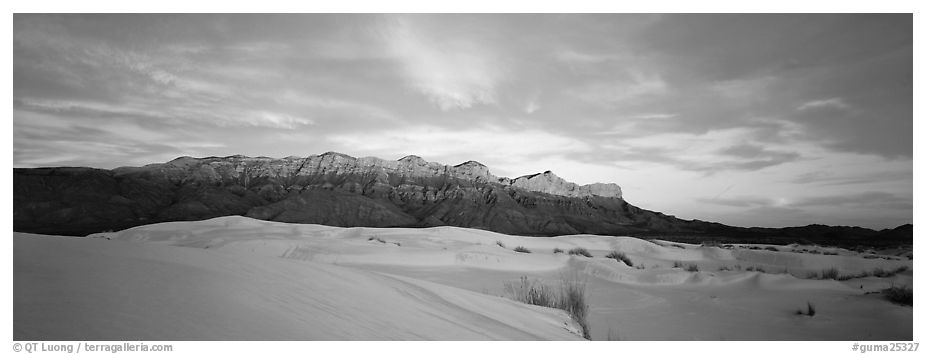 Desert and mountain scenery with gypsum dunes at sunset. Guadalupe Mountains National Park (black and white)