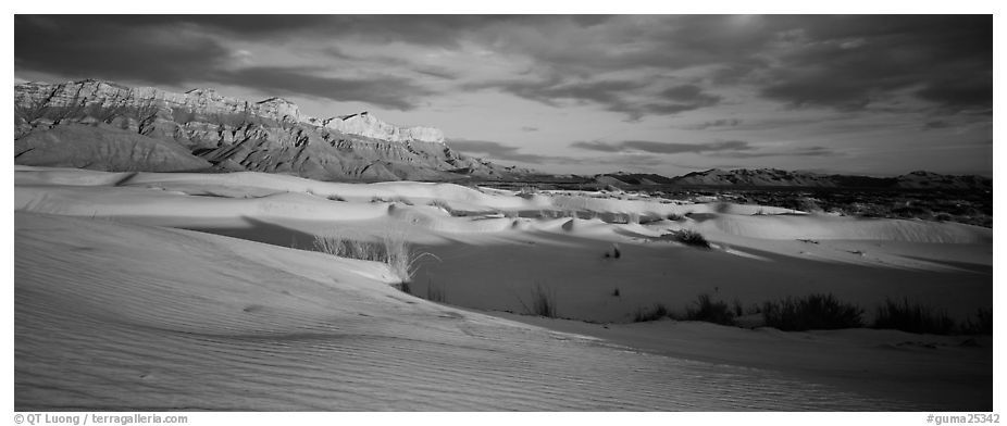 Desert and mountain landscape with white sand dunes. Guadalupe Mountains National Park (black and white)