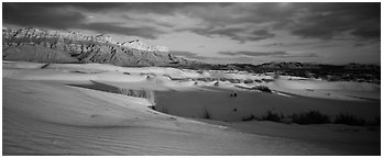 Desert and mountain landscape with white sand dunes. Guadalupe Mountains National Park (Panoramic black and white)