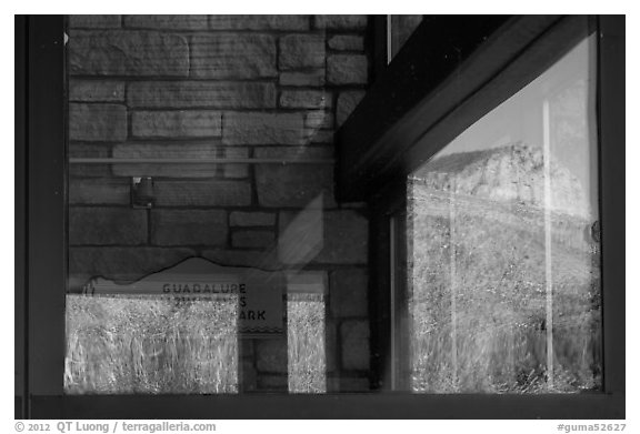 Mountain, visitor center window reflexion. Guadalupe Mountains National Park, Texas, USA.