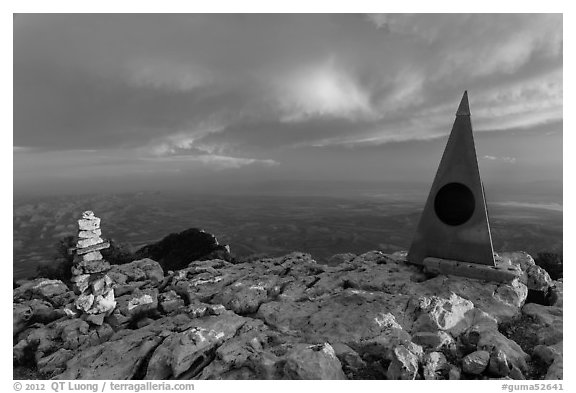 Cairn and monument on summit of Guadalupe Peak. Guadalupe Mountains National Park, Texas, USA.