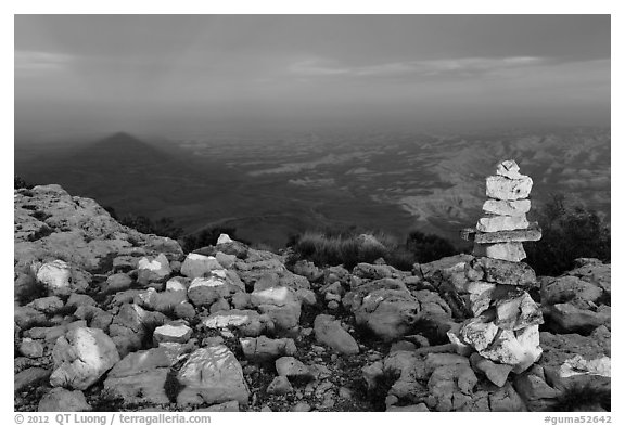 Cairn and shadow of mountain, Guadalupe Peak. Guadalupe Mountains National Park (black and white)