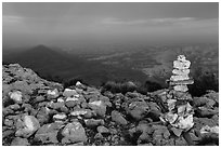 Cairn and shadow of mountain, Guadalupe Peak. Guadalupe Mountains National Park, Texas, USA. (black and white)