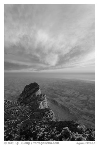 El Capitan backside and sunset clouds. Guadalupe Mountains National Park (black and white)