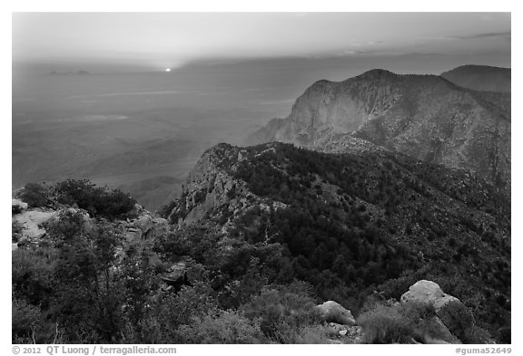 Bush Mountain and sunset, viewed from Guadalupe Peak. Guadalupe Mountains National Park (black and white)