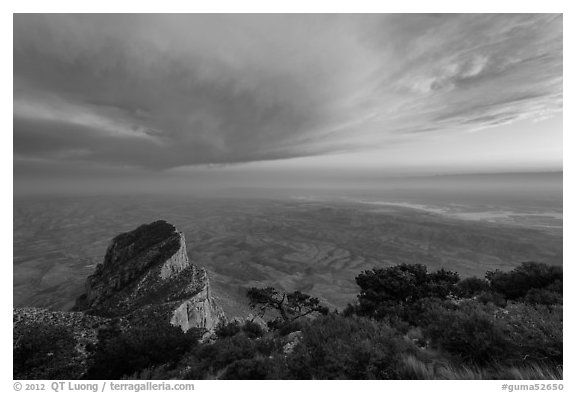 Guadalupe Peak summit and El Capitan backside with sunset cloud. Guadalupe Mountains National Park (black and white)