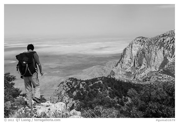 Hiker walking on Guadalupe Peak. Guadalupe Mountains National Park (black and white)